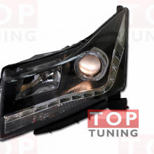 Передняя тюнинг-оптика с диодной полосой Audi Black VII на Chevrolet Cruze 2