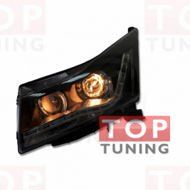 Передняя тюнинг-оптика в стиле Audi с диодной полосой и линзой Audi Black II на Chevrolet Cruze 2