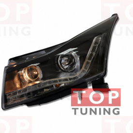 Передняя тюнинг-оптика в стиле Audi с диодной полосой и линзой Audi Black II на Chevrolet Cruze 2