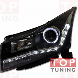 Передняя тюнинг-оптика с диодной полосой Audi Black VII на Chevrolet Cruze 2