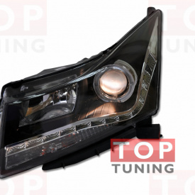 Передняя тюнинг-оптика с диодной полосой Audi Black VII на Chevrolet Cruze 2