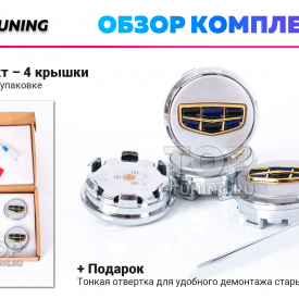 Серебристые c золотом колпачки на диски Geely. Парящие эмблемы 58 мм. (комплект)
