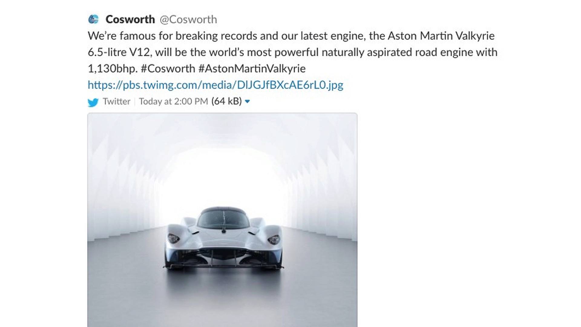 Твит от Cosworth подтвердил, что Aston Martin Valkyrie настроен на то, чтобы извлечь выгоду из самого мощного в мире атмосферного двигателя.   Британская инженерная фирма подтвердила через социальные сети, что 6-литровый V12 Valkyrie получит 1130 л.с