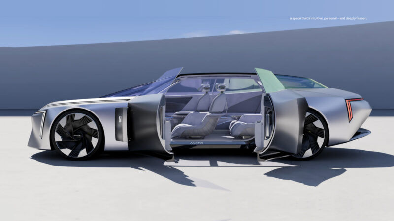 Ещё одна отличительная черта Avatr Vision Xpectra — отсутствие дверных ручек и боковых стоек (что типично для концепт-каров, поскольку они не должны соответствовать требованиям безопасности и жёсткости конструкции). Задние двери, откидывающиеся назад