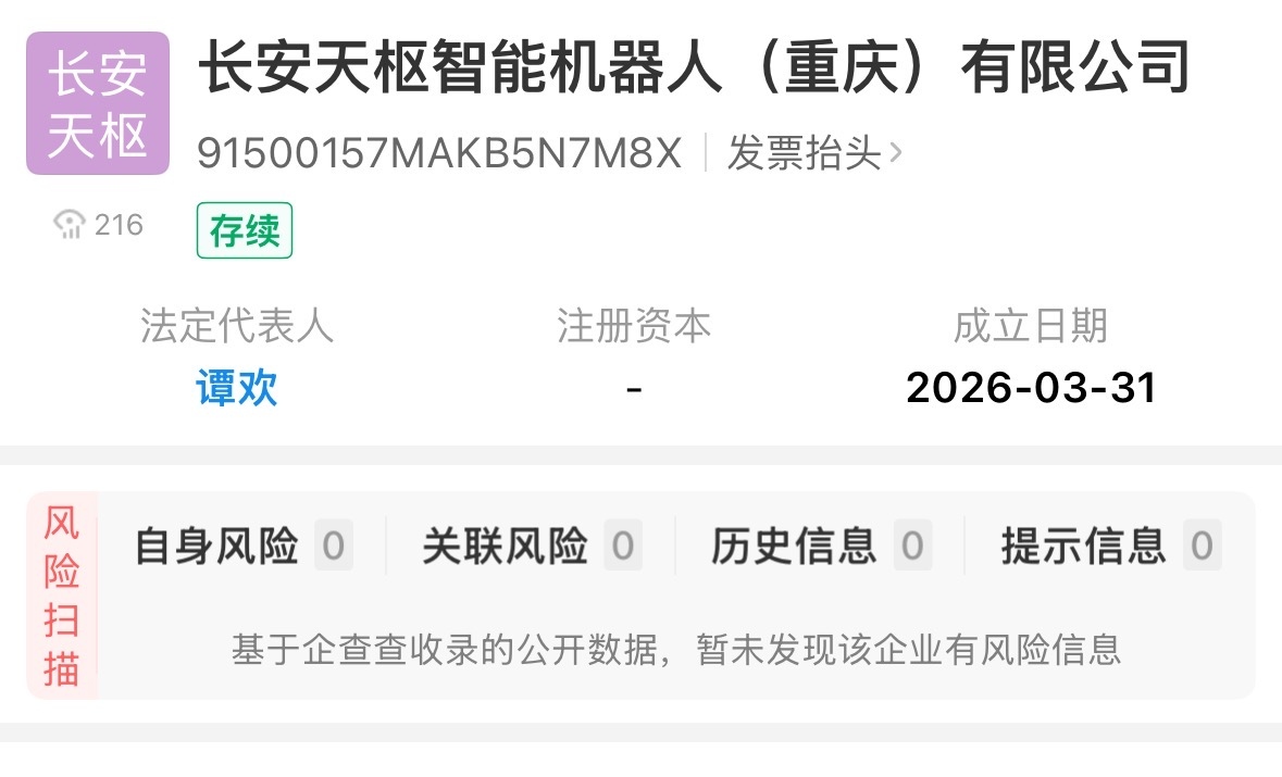 31?марта автопроизводитель Changan Automobile официально зарегистрировал новую компанию &mdash; Changan Tianshu Intelligent Robot (Chongqing) Co., Ltd