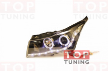 Альтернативная оптика с линзой и элементами ангельские глазки - отличный вариант тюнинга для Chevrolet Cruze.