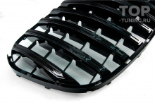 Решетка Panamericana с вертикальными лезвиями для Мерседес-Бенц ГЛС X167 2023+ (рестайлинг) Опции: Черный на черном / Хром на черном / ABS пластик / С модулем для фронтальной камеры