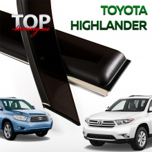 Дефлекторы окон для Toyota Highlander (2011-2013) темно-дымчатые с полосой из нержавеющей стали, 4шт