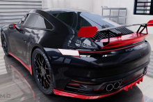 Детали тюнинг-пакета могут быть сделаны либо в карбоне, либо в кевларе. Спереди новый сплиттер дополняет оригинальный передний бампер. Его немного более широкая форма улучшает прижимную силу, а два встроенных сплиттера уменьшают турбулентность и повы